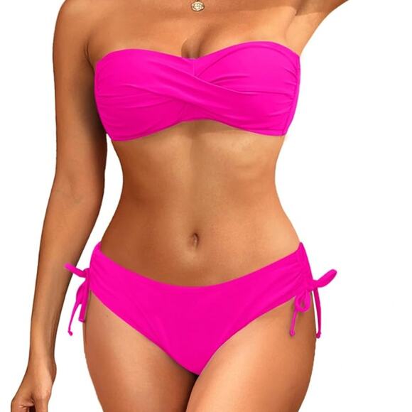 XL Women's Strapless Bandeau Bikini Set - Twist Front Top with Side Tie Bottom - Picture 1 of 7